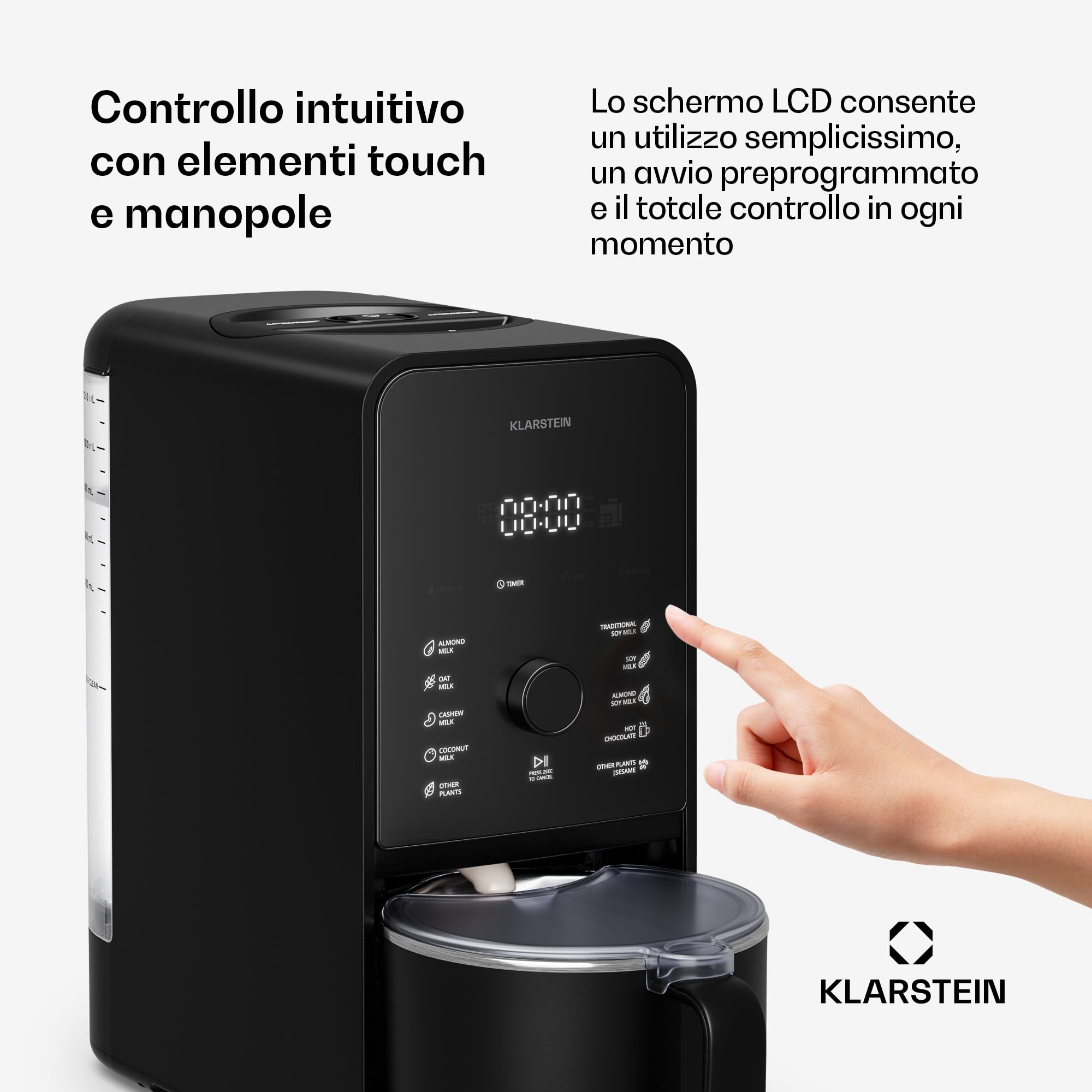 Klarstein Marcia Touch Macchina per il Latte Vegetale, 1200W, 12 Programmi, Autopulente, Display LCD, Brocca 1.2L Acciaio, per Latte di Mandorle, Avena & Noci