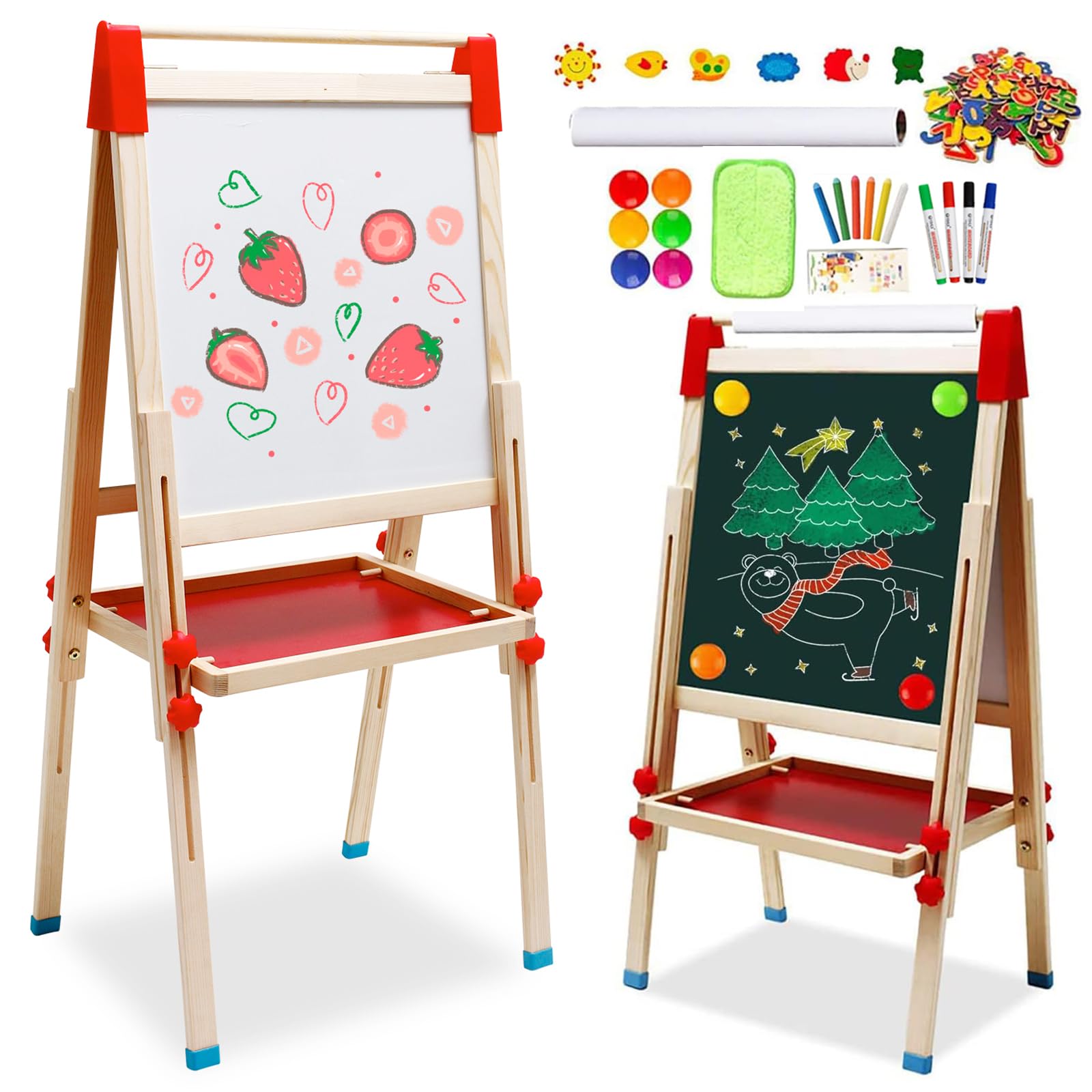 Kids Easel with Paper Roll Wooden Art Easel Double-Sided Whiteboard Blackboard Standing Height Adjustable Easel 27-45in(68-114cm) with Numbers and Other Accessories Foldable Drawing Board for Kids