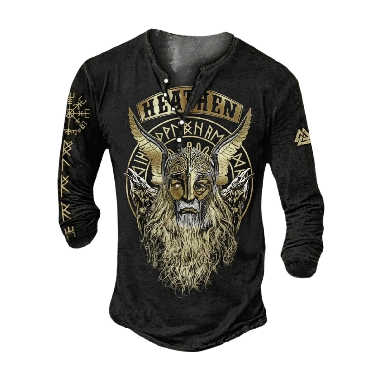 Men's Gothic Nordic Mythology T Shirts Retro Printed V Neck Lace Up Long Sleeve Pullover Vintage Distressed Henley Shirt Top Street Tshirt Sports Shirt, T Black, S