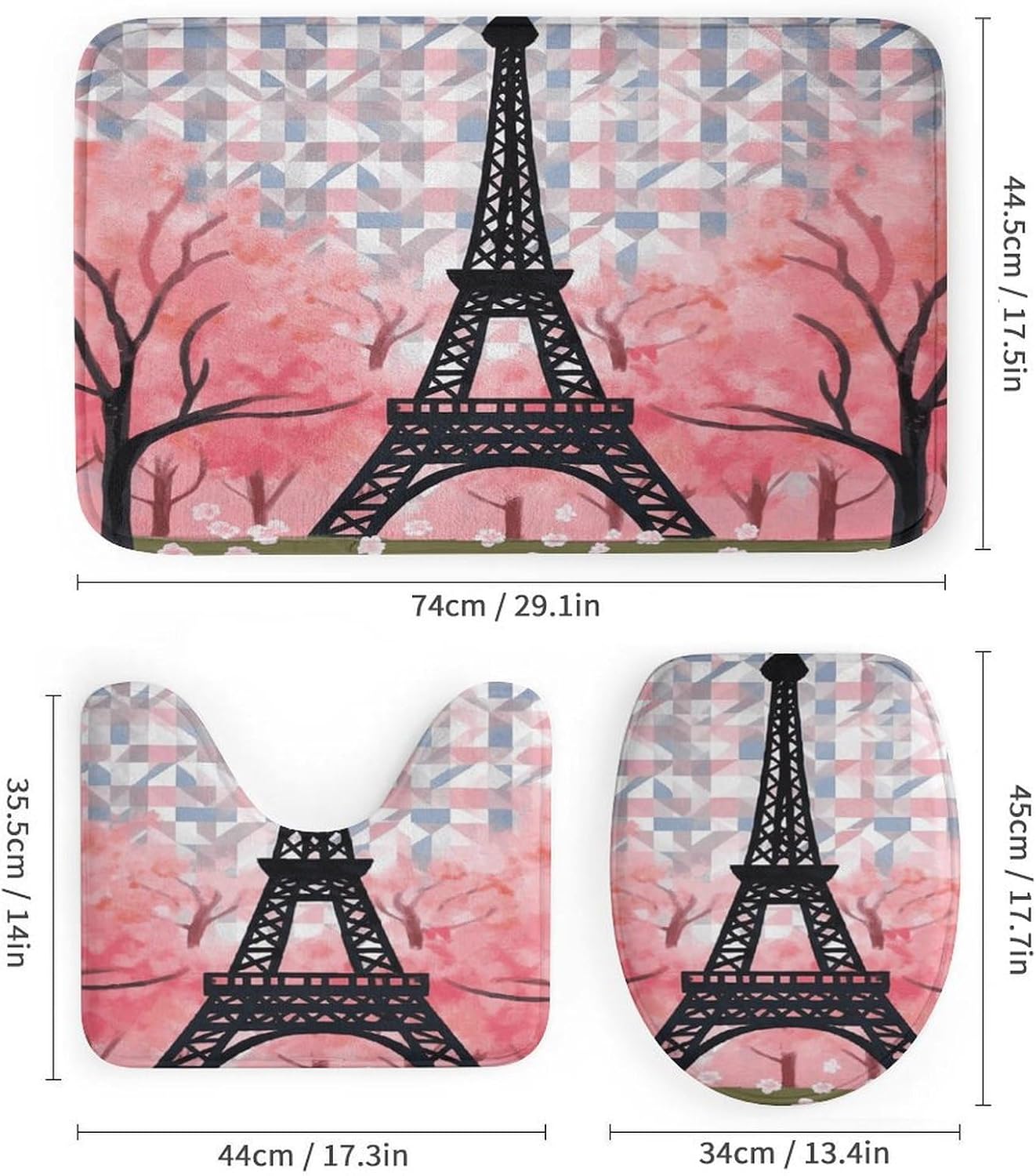 Eiffel Tower Pattern 4Pcs Shower Curtain Set with Non-Slip Rugs, Toilet Lid Cover and Bath Mat,Bathroom Set Decor Accessories,Curtain Set with 12 Hooks, 72 X 72 Inch