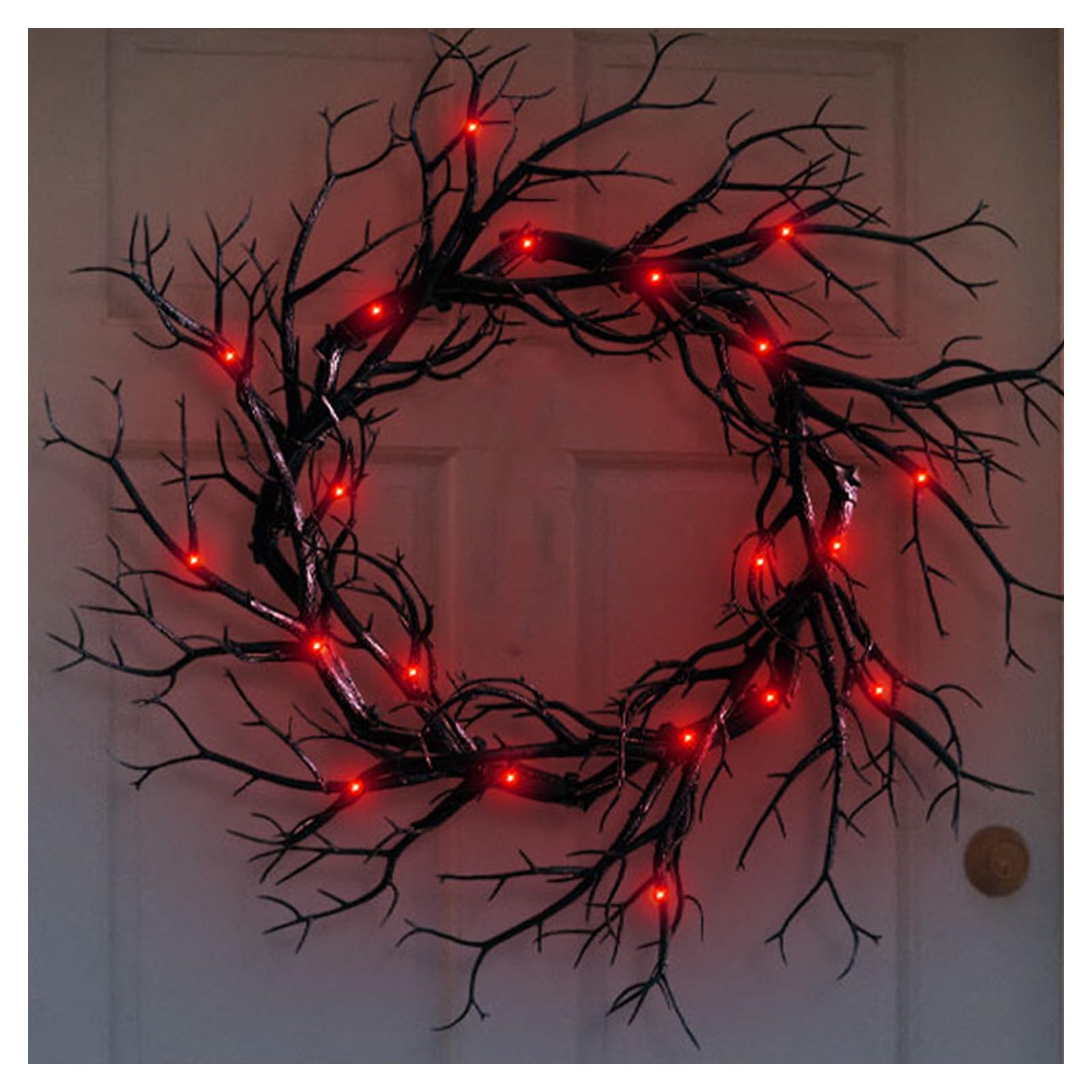 Halloween Black Branches Wreath with Light - 20 inch Gothic Front Door Decor Indoor Porch Wreath with Lights for Haunted House Decor (Wreath + Red Lights, 16.5 inch (42cm))