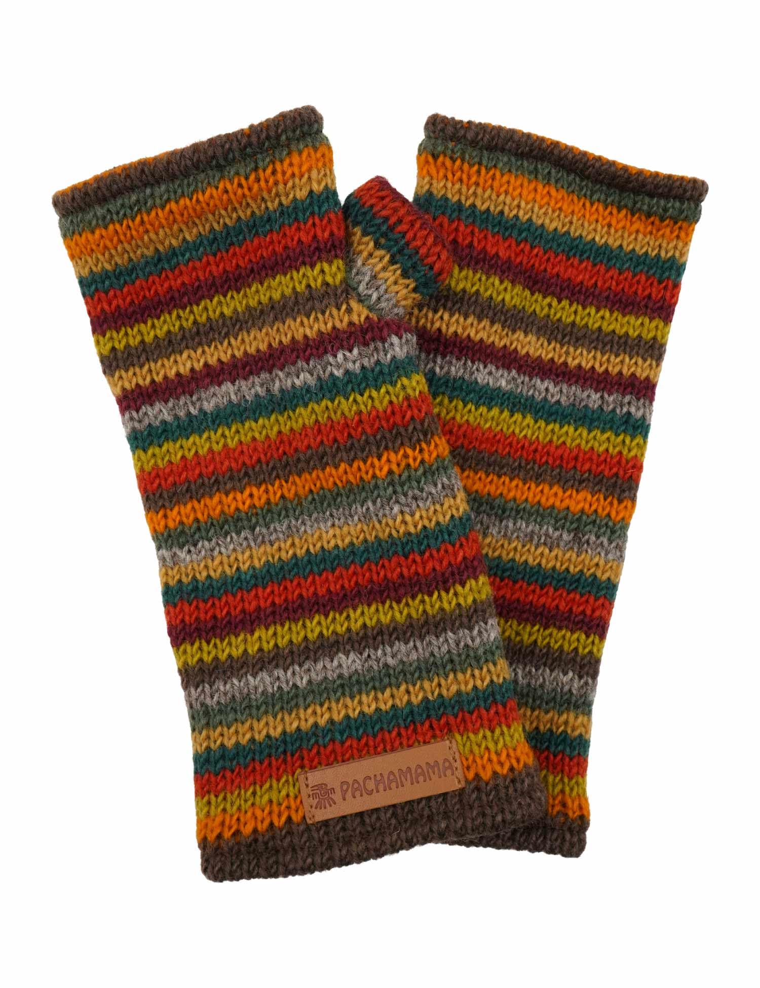 Pachamama Women Wool Hand Wrist Warmers Fleece Lined Handknitted Stripe Multicoloured One-Size Handmade Thermal Extra Warm Fair Trade