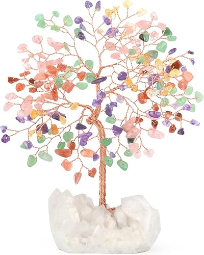 Árbol de la vida con piedras preciosas de cristal, base de racimo de cuarzo, árbol de dinero bonsái, decoración de Feng Shui, cristales curativos de
