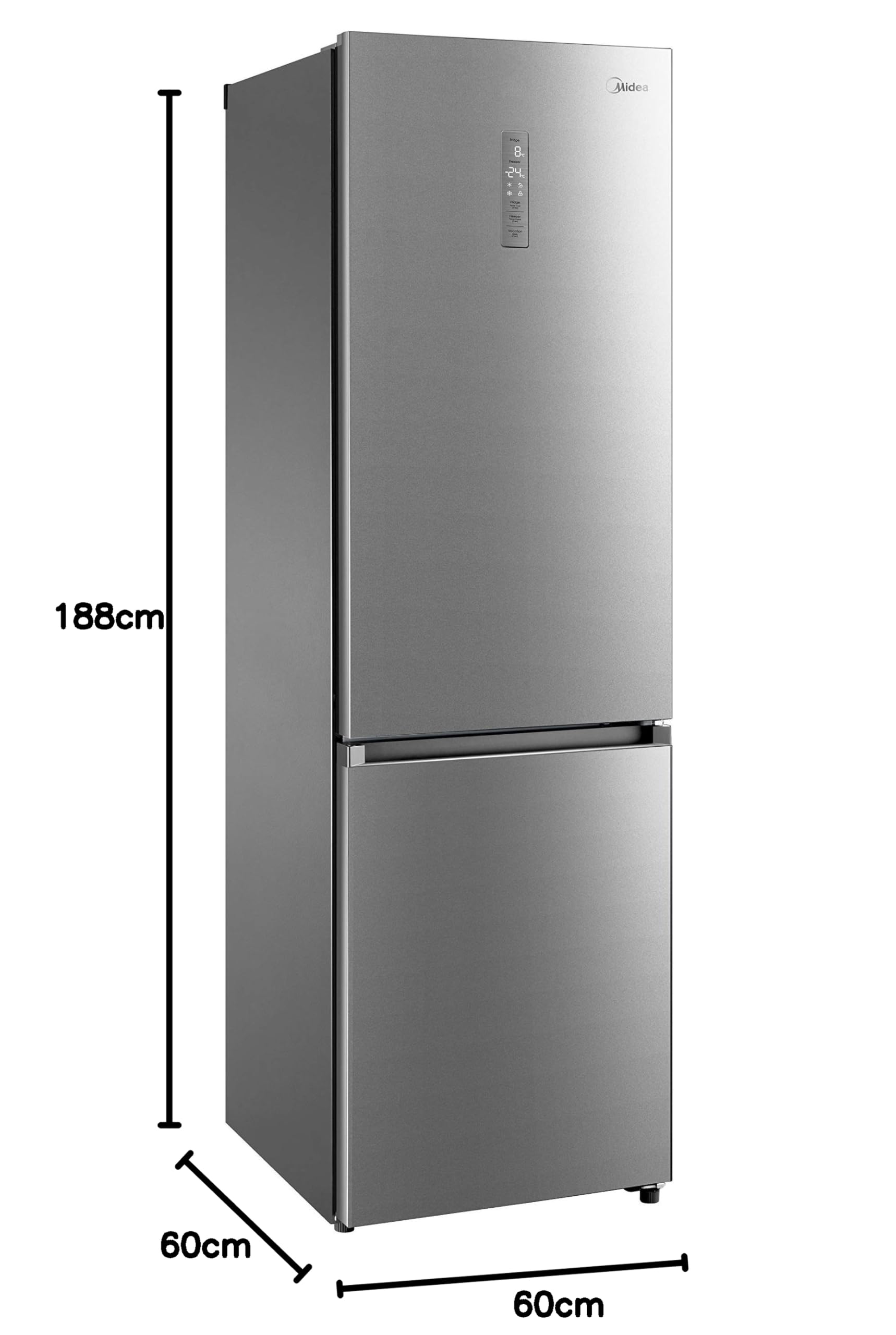 Midea Frigorífico Combi No Frost 60 cm ancho x 188 cm - Nevera combi libre instalación 224 L + 86 L Congelador - Refrigerador de bajo consumo con congelador vertical No Frost (2,00 m Inox)