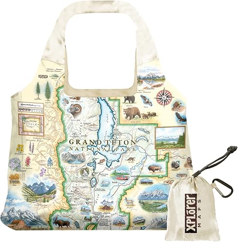 Grand Teton National Park Map - Bolsa de compras con asas, reutilizable y ecológica, nailon plegable, cabe en el bolsillo, 18 x 25 pulgadas, Azul,