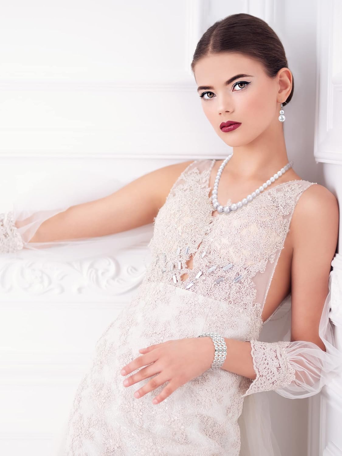 BBTO 8 Pcs Pearl Necklace and Earring Set for Women Faux Pearl Bracelet Costume Jewelry Set for Wedding Bridal Shower Party - Image 6