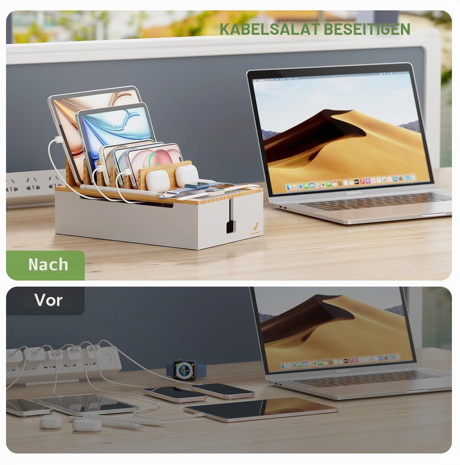 Pezin & Hulin Bambus Ladestation für mehrere Geräte Natur+Weiß | Organizer für elektronische Geräte für Handy, Tablet, Uhr und mehr (ohne USB-Ladegerät und Kabel)