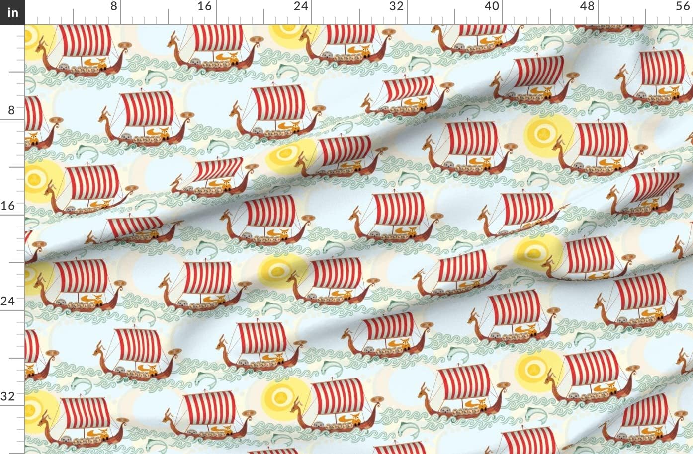 Spoonflower Fabric - Viking Woodland Nordic Red Stripe Sail Fox Owl Hare Ship Sea Wave Printed on Organic Cotton Sateen Fabric by The Yard - Sewing Quilting Apparel Home Decor