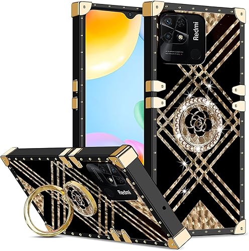 CCSmall Funda de teléfono clásica para Xiaomi Redmi 10C con soporte de anillo, lujo elegante decoración de metal esquina suave TPU mujeres caso
