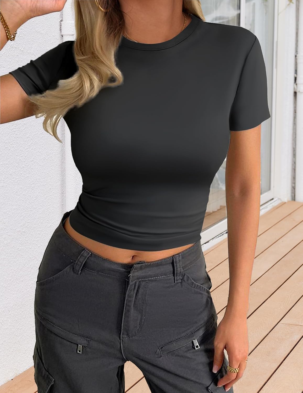 Ekouaer Womens Short Sleeve Shirts 3 Pack Crew Neck Tops Slim Fit Basic Tees Trendy Clothes Base Layer