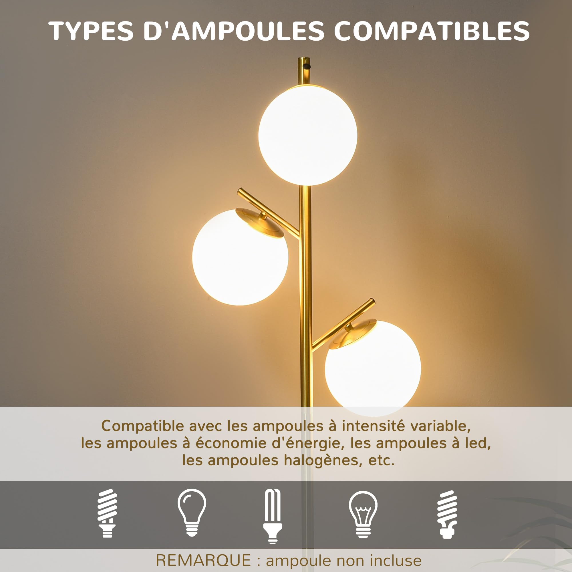 Lampadaire Double Tête Réglable HOMCOM - Abat-jour Verre Floral Doré, Douille E27 Max 40W (165cm) - 8