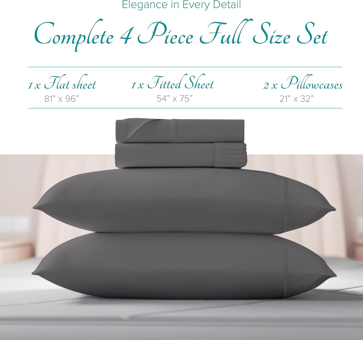 Carressa Linen 100% Egyptian Cotton Full Size Bed Sheets Set - 800 High Thread Count Egyptian Cotton Sheets Full Size (4 PC, Graphite Gray) Soft, Cooling, 16" Deep Pocket Sateen Weave Hotel Bed Sheet