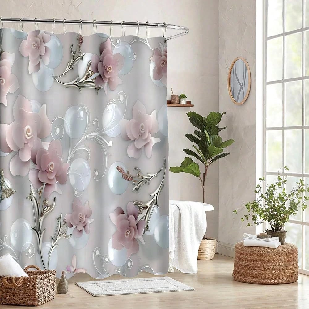 Rideau de Douche Nordique à Motif Floral 3D en Relief, Rideau de Douche de Salle de Bain imprimé en 3D avec Motif Floral Rose et Blanc (300 x 180 cm / 118 x 71 po (L x H))