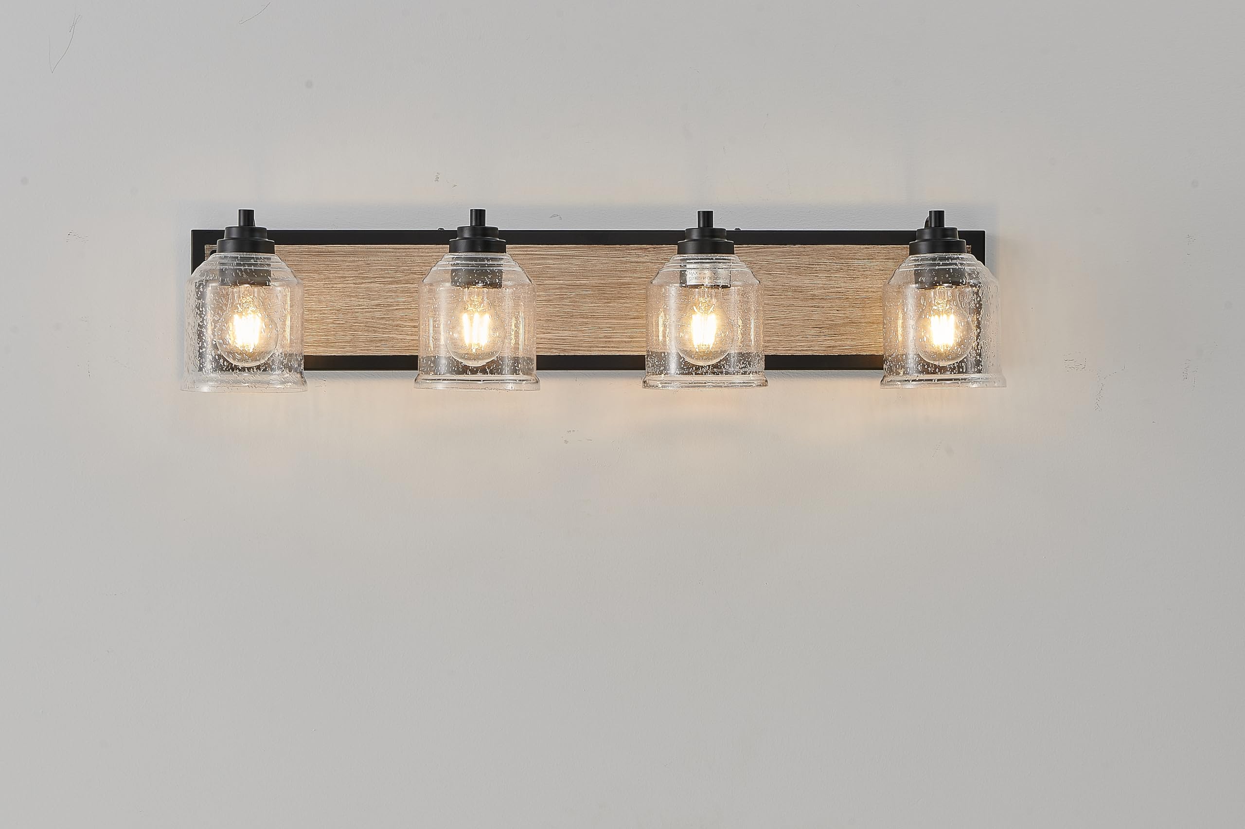 VDOQTLJT Farmhouse 4-Light Bathroom Wall Sconce with Seeded Glass Rustic Black Finish and Wood Backplate Modern Industrial Design
