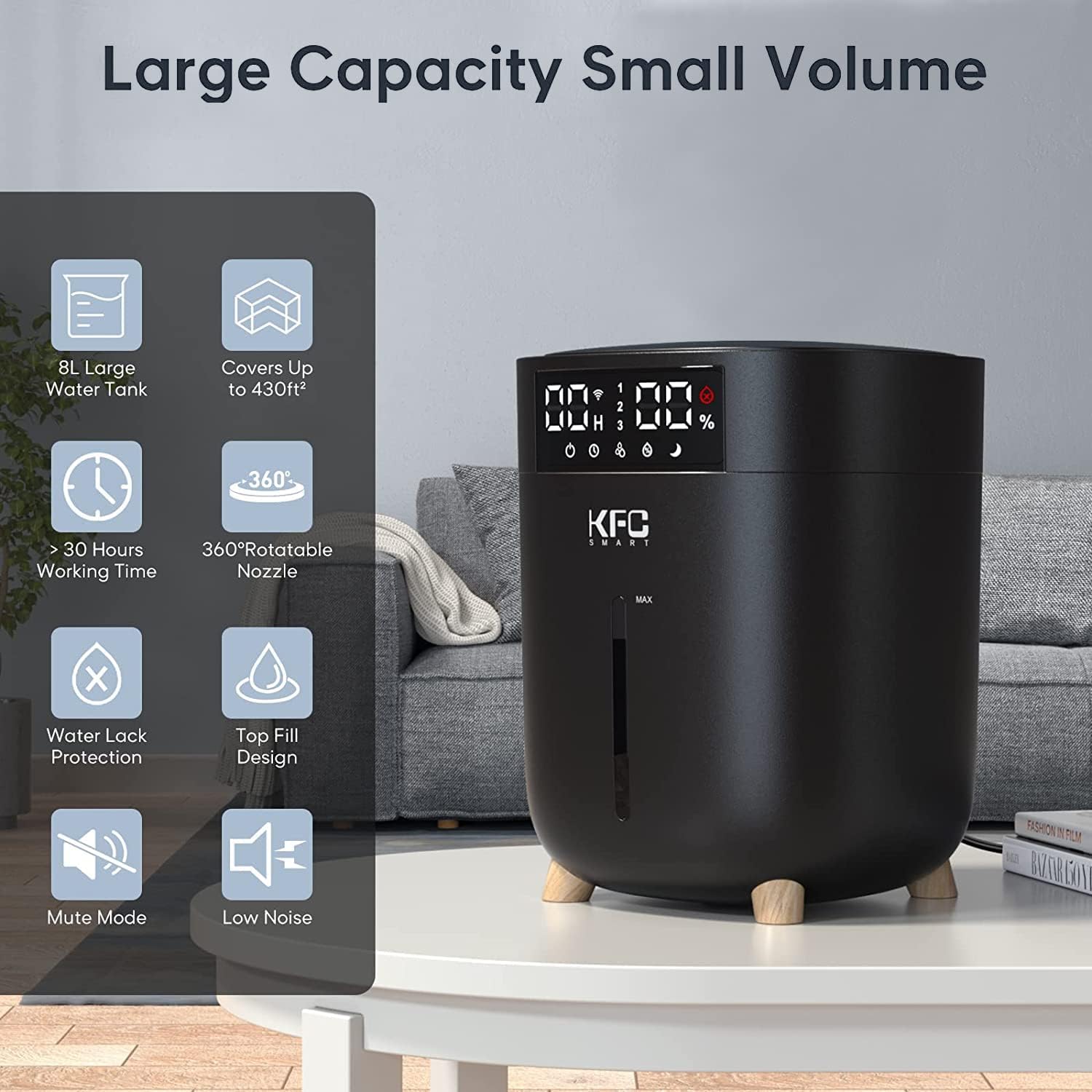 KFC WB-JS2101 Humidifier with features listed: 8L water tank, covers up to 430 sq ft, 30+ hours working time, 360 rotatable nozzle, water lack protection, top fill design, mute mode, low noise.