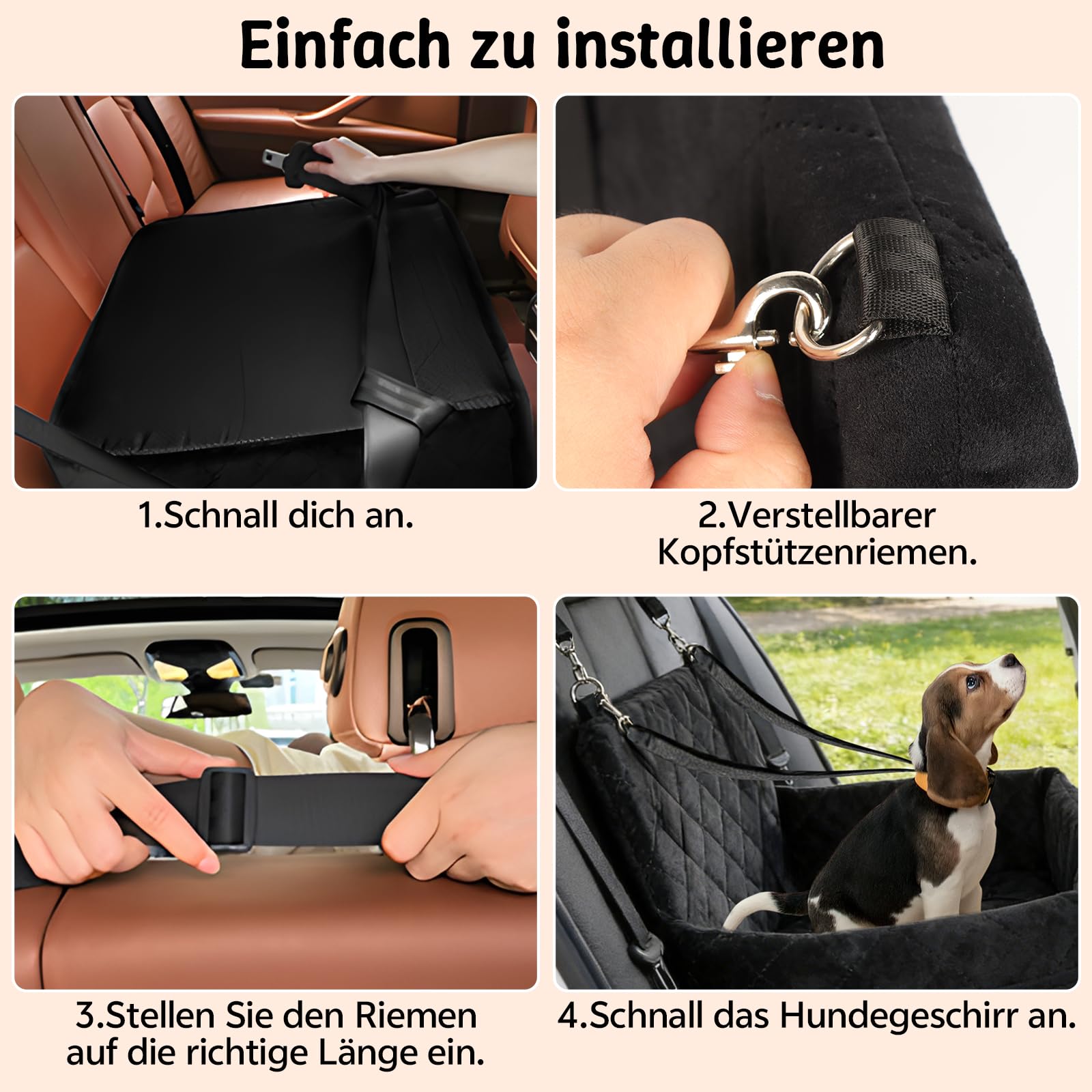 Hundeautositz bis 9 kg, Memory-Schaum Hundebooster mit Plüsch-Samt-Bezug, Rutschfeste Unterseite & 2 Sicherheitsgurte, Waschbares Reise-Hundebett mit Sicherheitsleine, 45x45x34cm