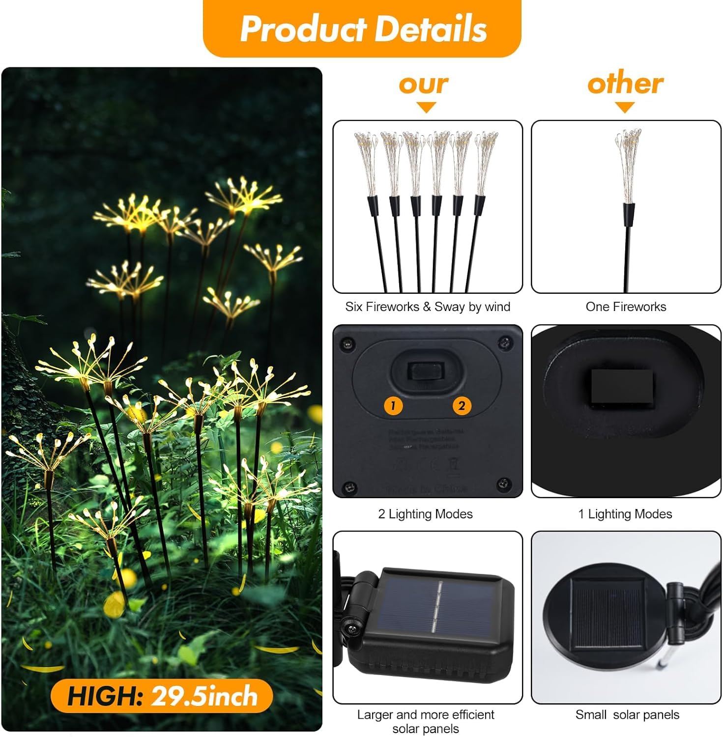 Kizozo Solar Lights Outdoor Garden Firework 2PACK 200LED, Garden Ornaments Decoration IP65 Waterproof, Outdoor Solar Lights, Warm White - Image 4