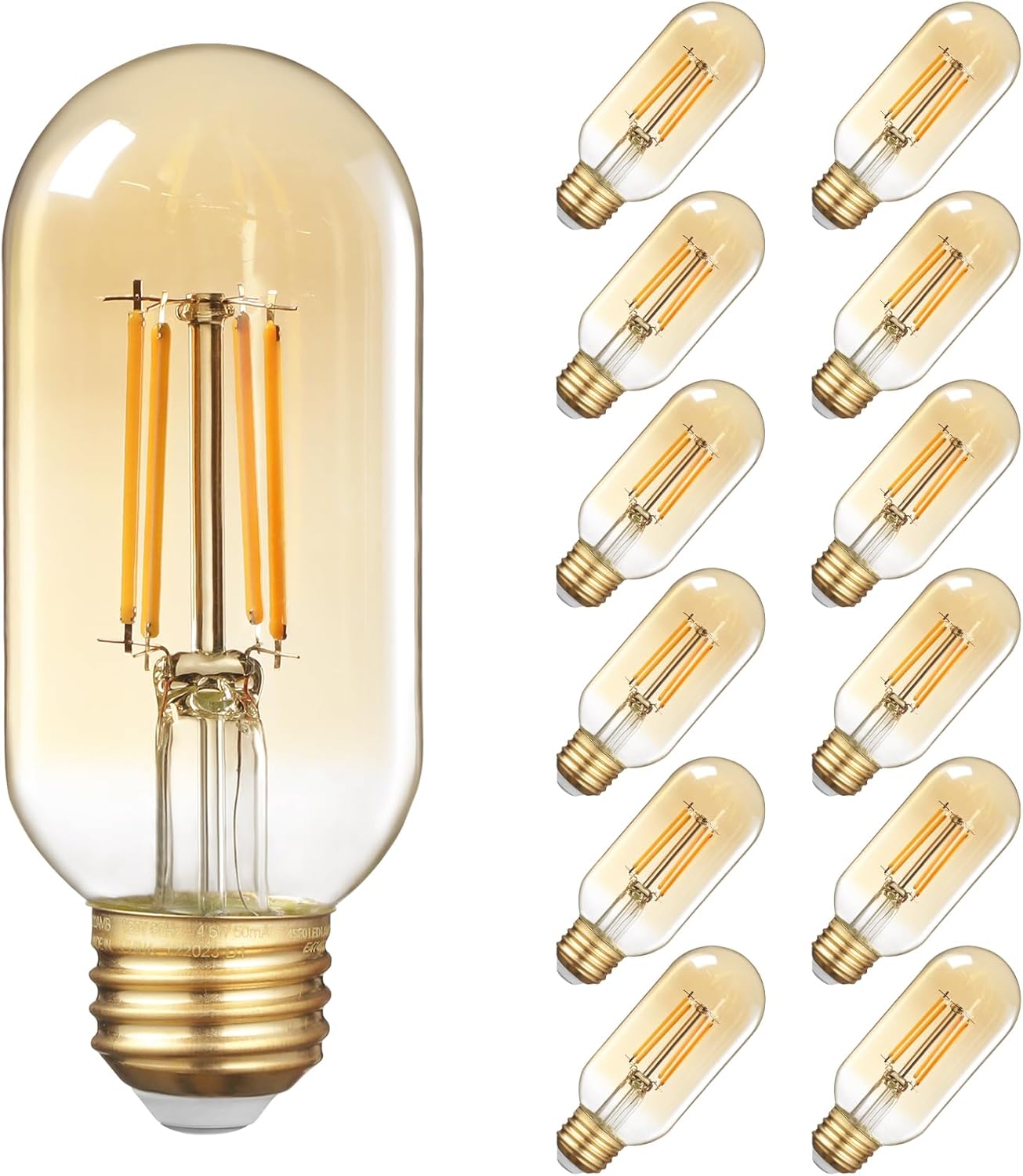 TORCHSTAR 12-Pack T45 LED Edison Bulb Dimmable, UL Listed, 4.5W Antique Tubular LED Bulbs, T14 Vintage Filament Light Bulb, E26 Base, Amber Warm Glass, 2200K Soft White, 400lm, 120V