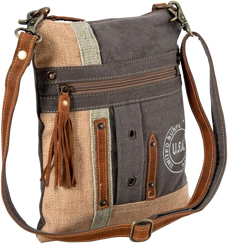 Myra Bag Crossbody Bag for Women - Western Upcycled Canvas & Leather Shoulder Handbag Brown - Image 3
