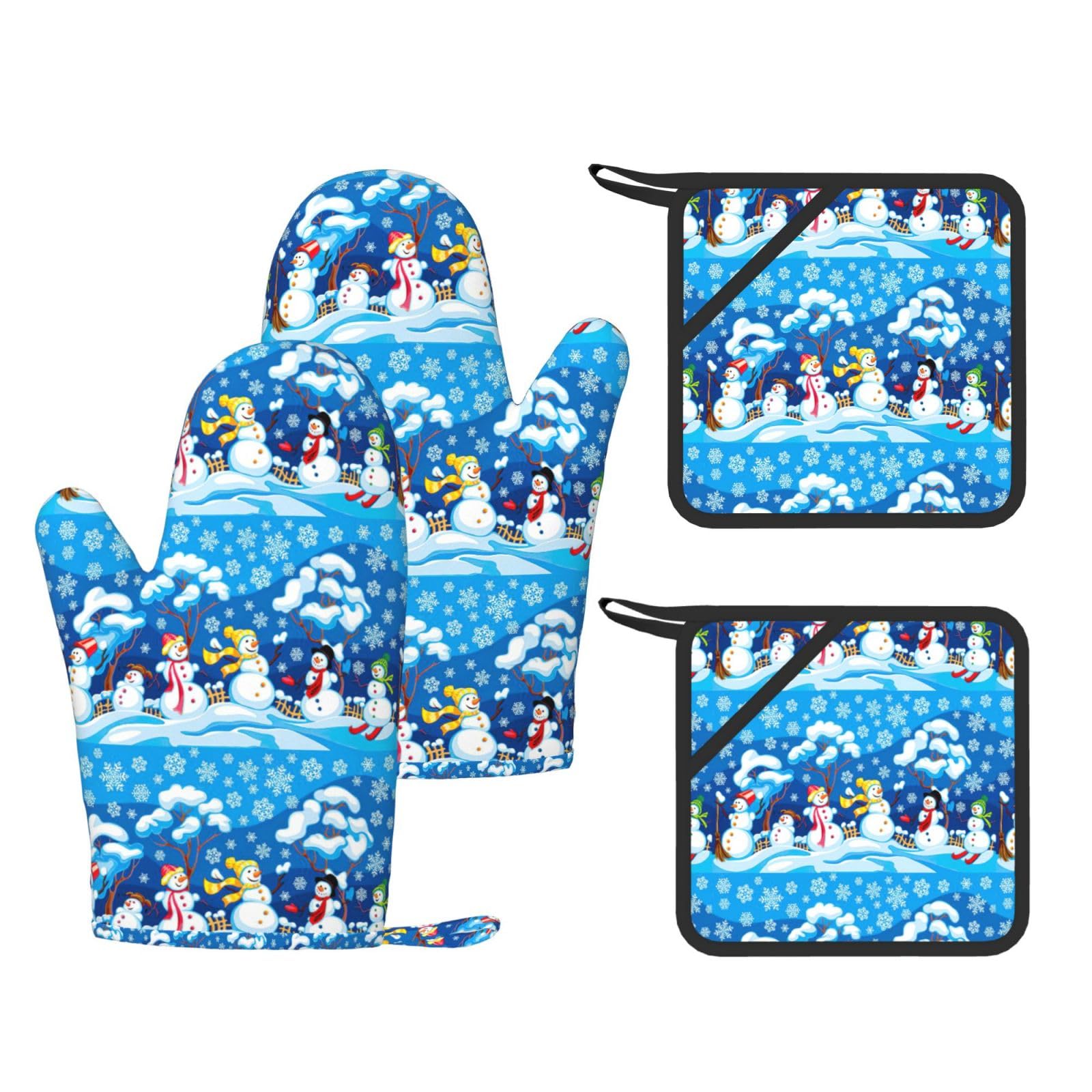 Winter Snowman Printed Oven Mitts and Pot Holders Set of 4, Heat Resistant Silicone Gloves for Baking Grilling