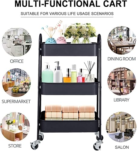 Miniatura 5 de 3-Tier Metal Mesh Utility Rolling Cart Storage Organizer with Wheels, Black
