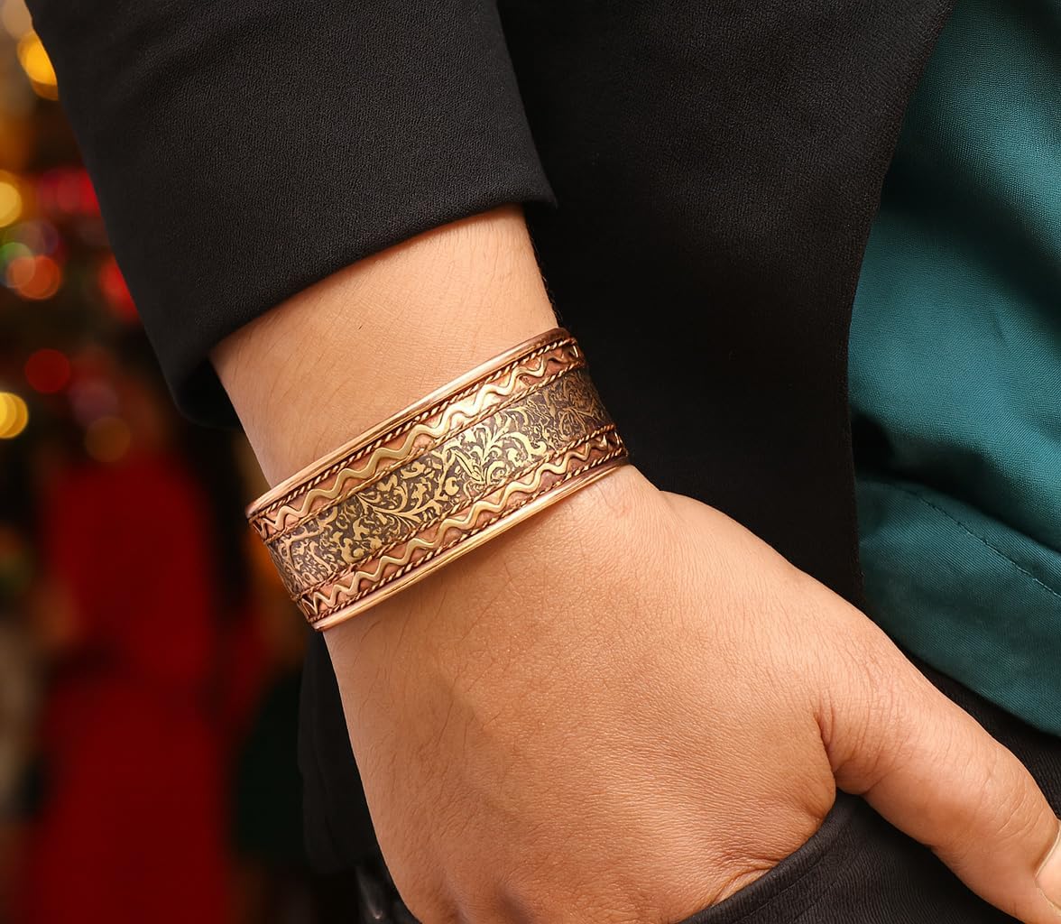 Touchstone Handcrafted Copper Bracelet Hand Forged with Solid and High Gauge Tibetan Style Engraved Cuff Jewelry For Women Men