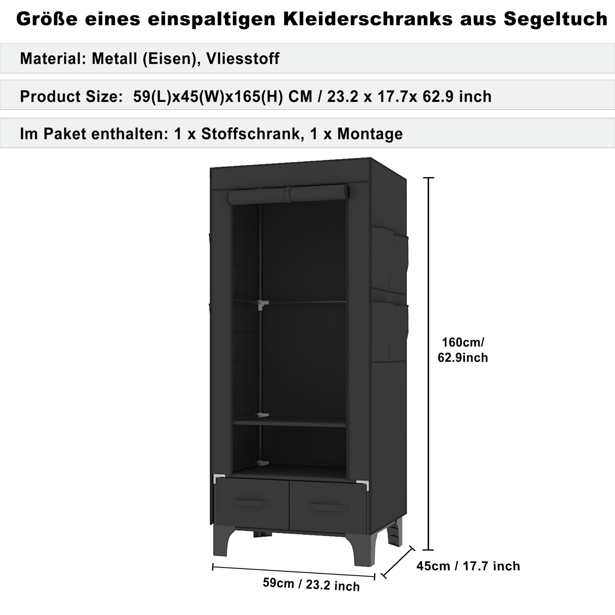OPPAIYA Stoffschrank Stabil & Schmal 69cm, Faltbarer Kleiderschrank mit 2 Schubladen & 8 Seitentaschen, Kleiderständer Stabil mit Abdeckung, Campingschrank für Schlafzimmer, 69x45x160 cm Schwarz