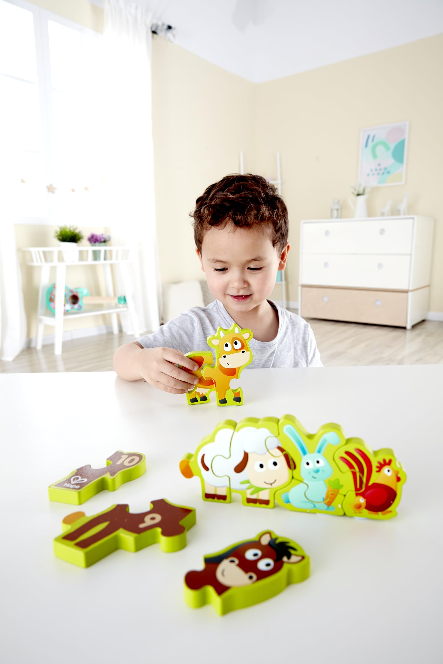 Hape Numbers & Farm Animal Puzzle Double-Sided Wooden Jigsaw Game for Kids 10-Piece, Multi-Coloured