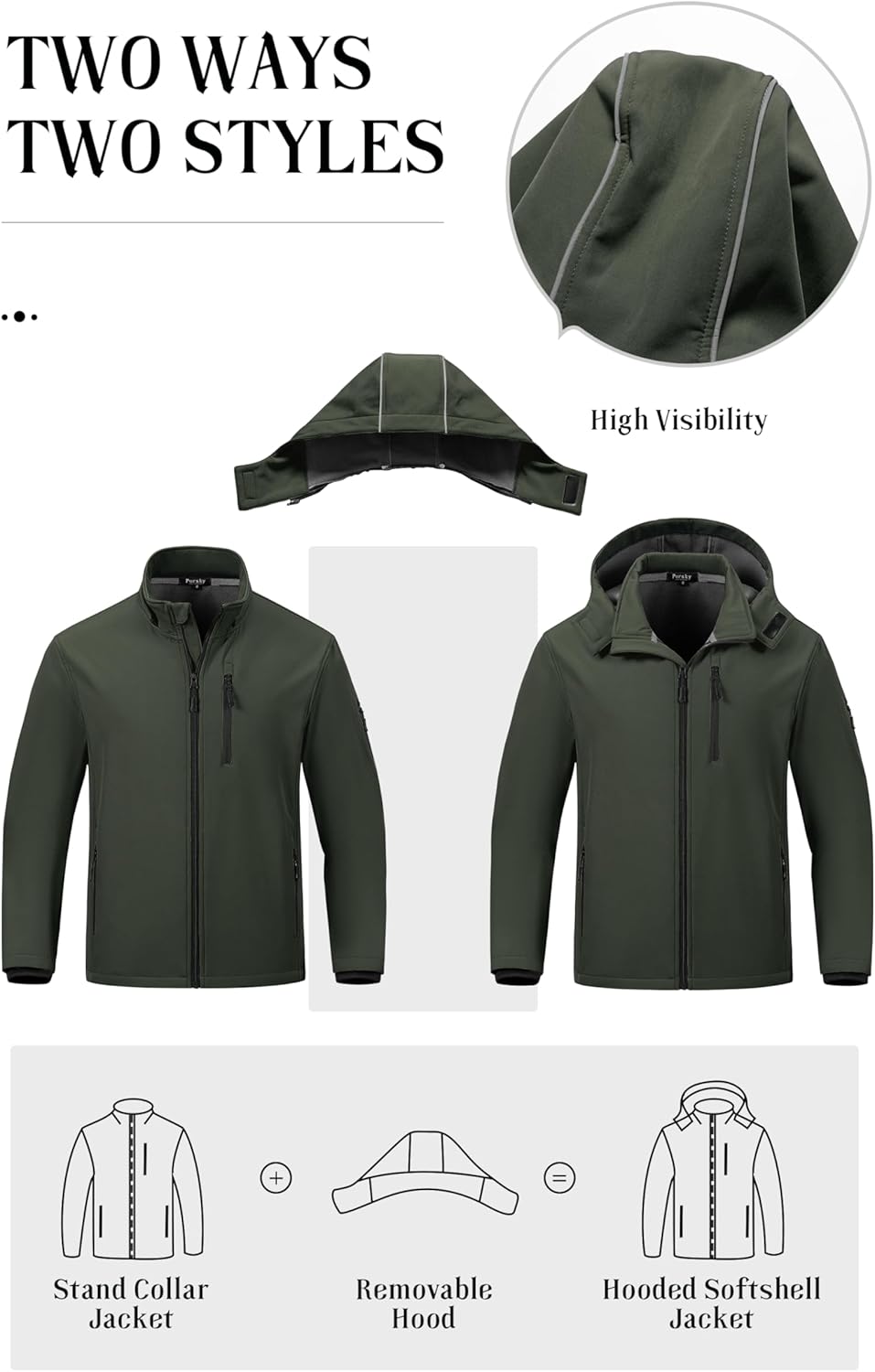 Pursky Men's Softshell Jacket Waterproof Fleece Lined Windbreaker With Removable Hood Lightweight Tactical Jacket
