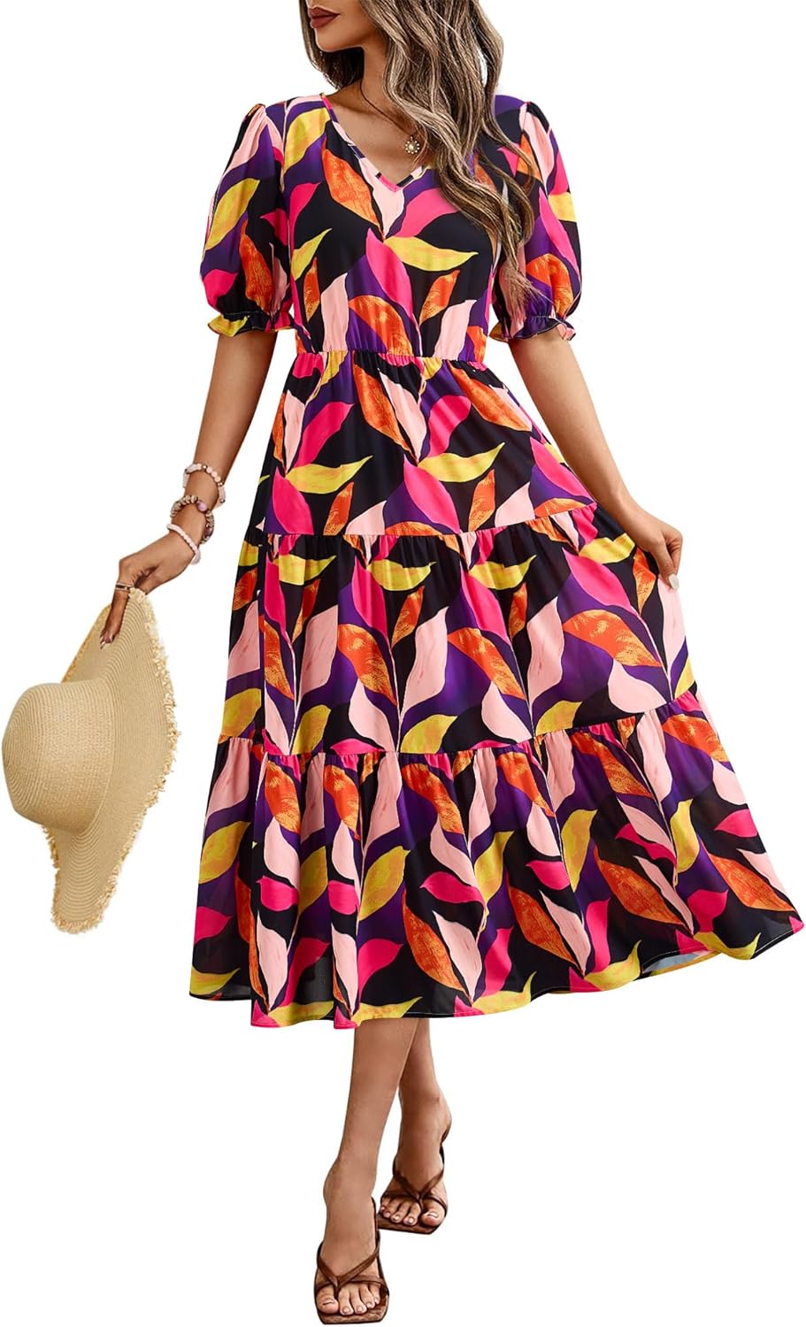 Okiwam Womens Summer Dresses 2026 Spring Casual Floral Short Sleeve Ruffle Flowy Midi Dress Boho Beach Vacation Sundress