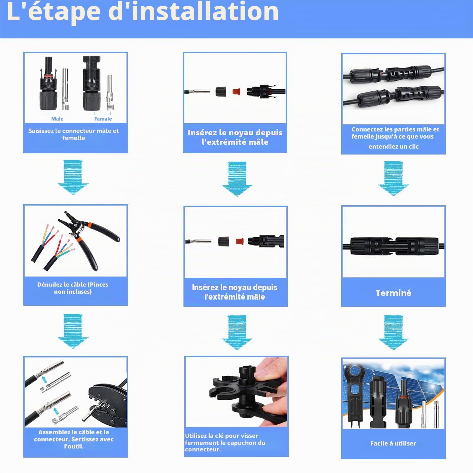 Outils de Sertissage Solaires pour câbles PV de 2,5/4/6 mm²,avec 1 Pince à Sertir,10 Paires connecteurs de câble,10 Paires de Connecteurs Mâle/Femelle et 2 Clé,pour Câble PV de Panneau Solaire