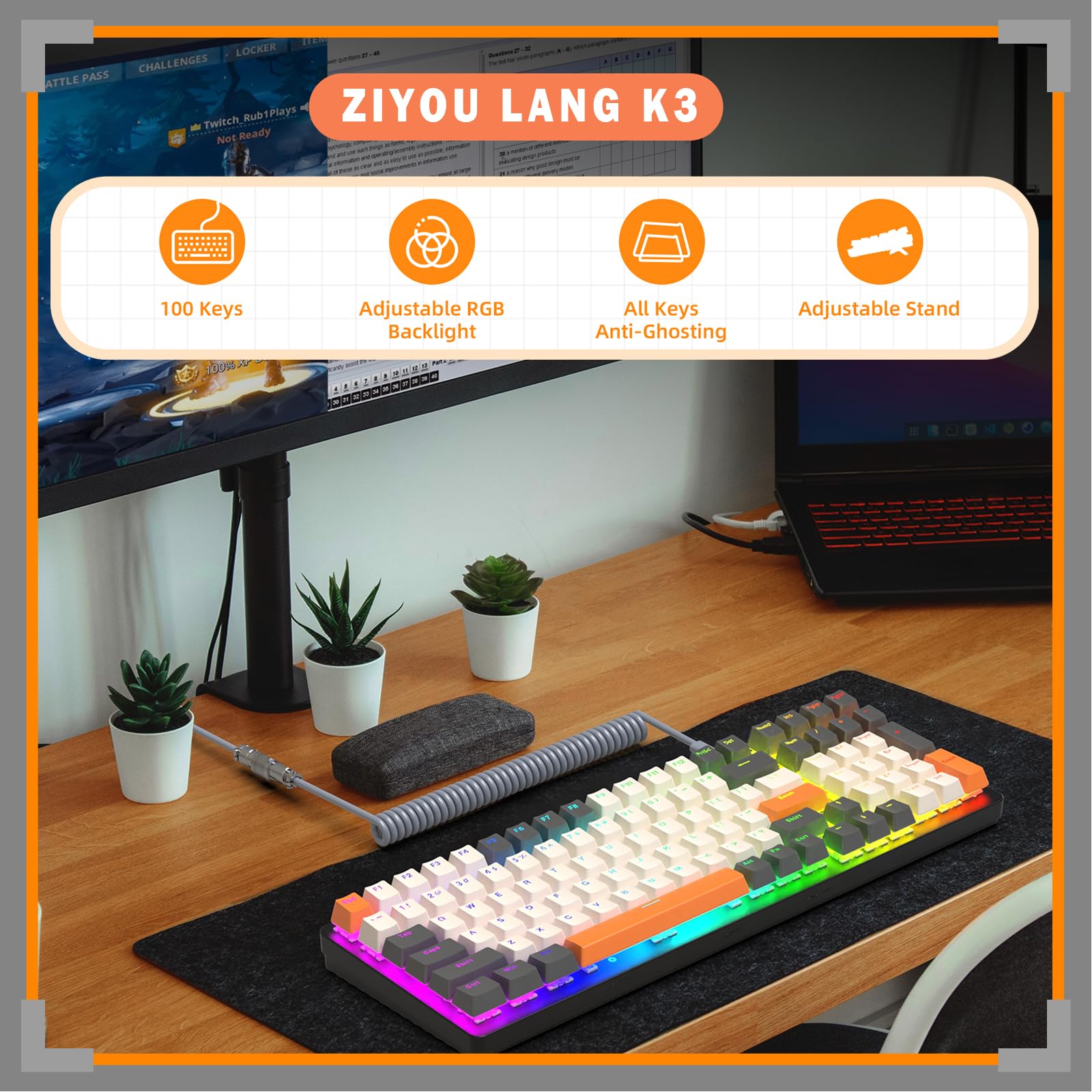 ZIYOU LANG K3 PRO Przewodowa Mechaniczna Klawiatura Gier, Podświetlenie RGB, 96% Ultra-Kompaktowa Z Klawiaturą Numeryczną, Przełącznik Niebieski Klikający Z Kablem 8000Hz, USB-C Do USB-A - Ciemnoszary