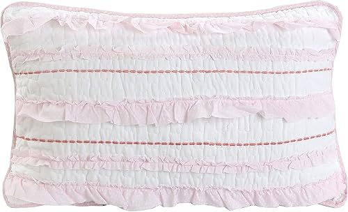 Cozy Line Home Fashions Pretty Girly - Almohada decorativa rectangular suave con diseño de estrellas y volantes bordados, color rosa, blanco
