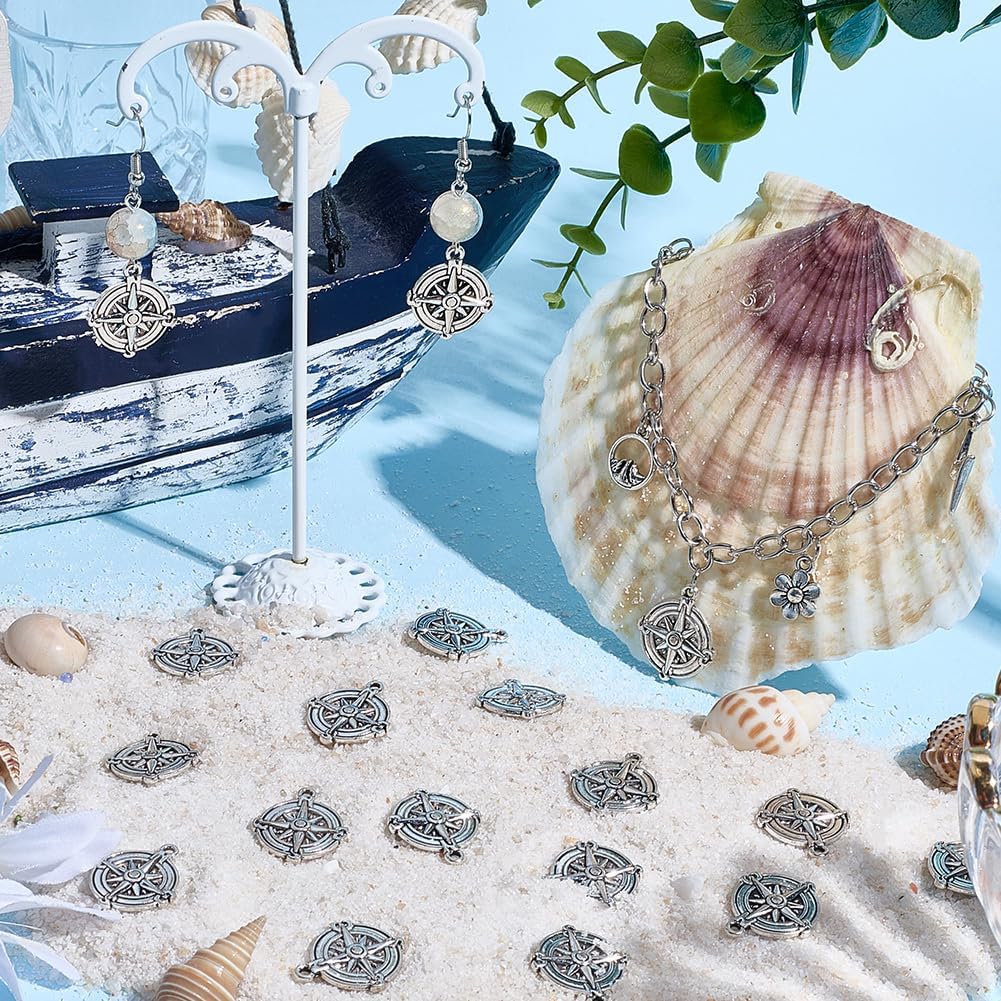 SUNNYCLUE 1 Box 50Pcs Silver Compass Charm Nautical Metal Charms Bulk Alloy Tibetan Style Antique Summer Hawaii Sea Ocean Anchor Pendants for Jewelry Making Necklace Earring DIY Craft Accessories - Image 4