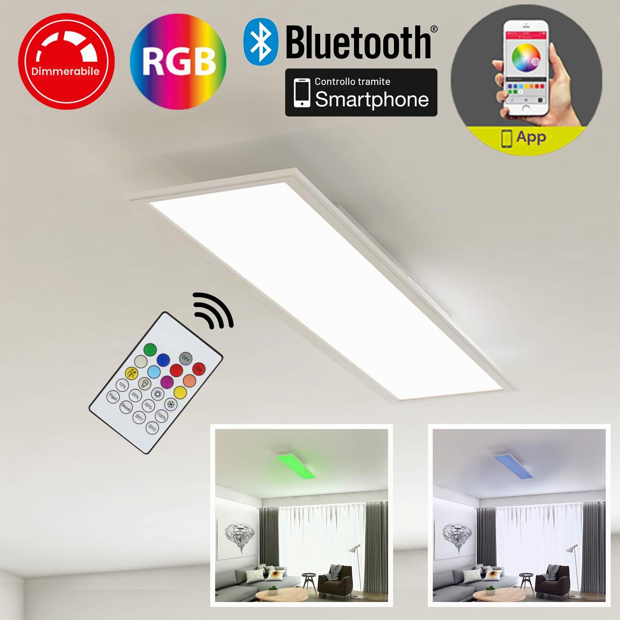 Briloner Leuchten Pannello luminoso a soffitto, luce da incasso, 18W, regolabile, controllo temperatura colore, controllo app, bluetooth, rettangolare, bianco, 59.5x15.5x4.5 cm, led, plastica;metallo