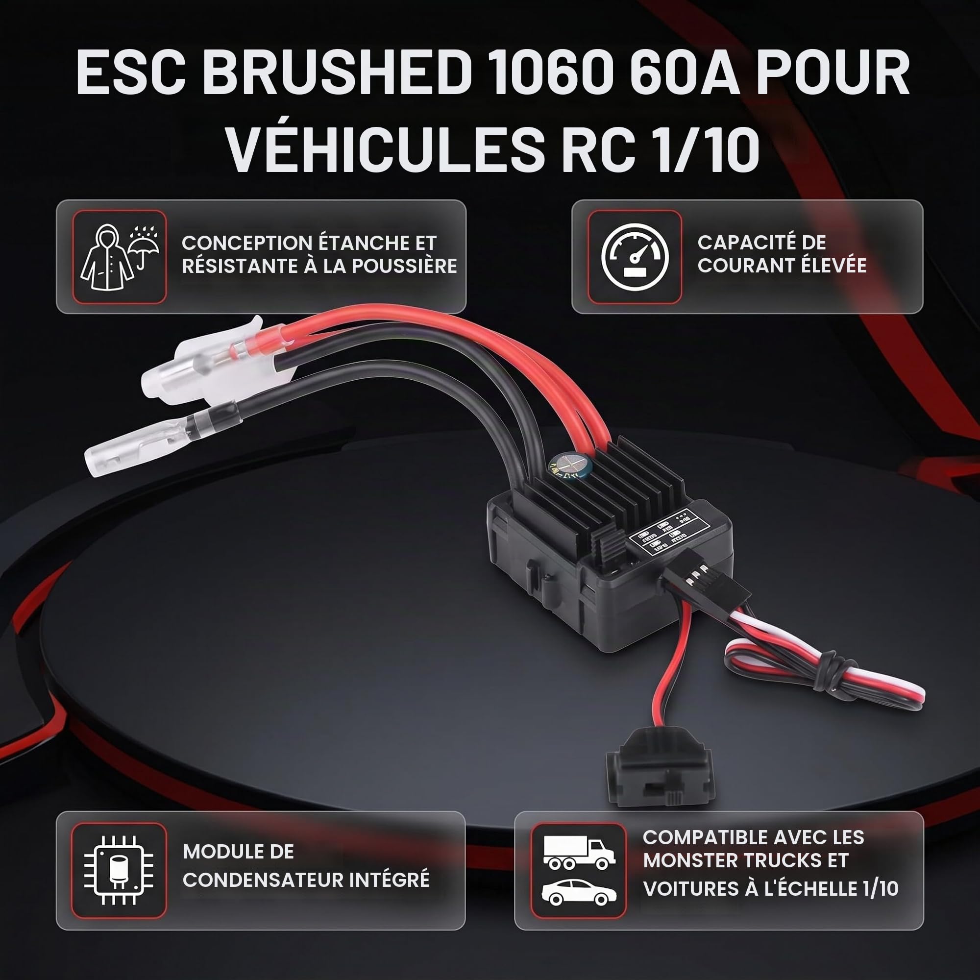 Contrôleur de vitesse ESC pour Voiture RC 1/10, Contrôleur de vitesse ESC 60A, Waterproof, Puissance, Efficacité, Compétition, Piste, Route, Jardin, Usage quotidien