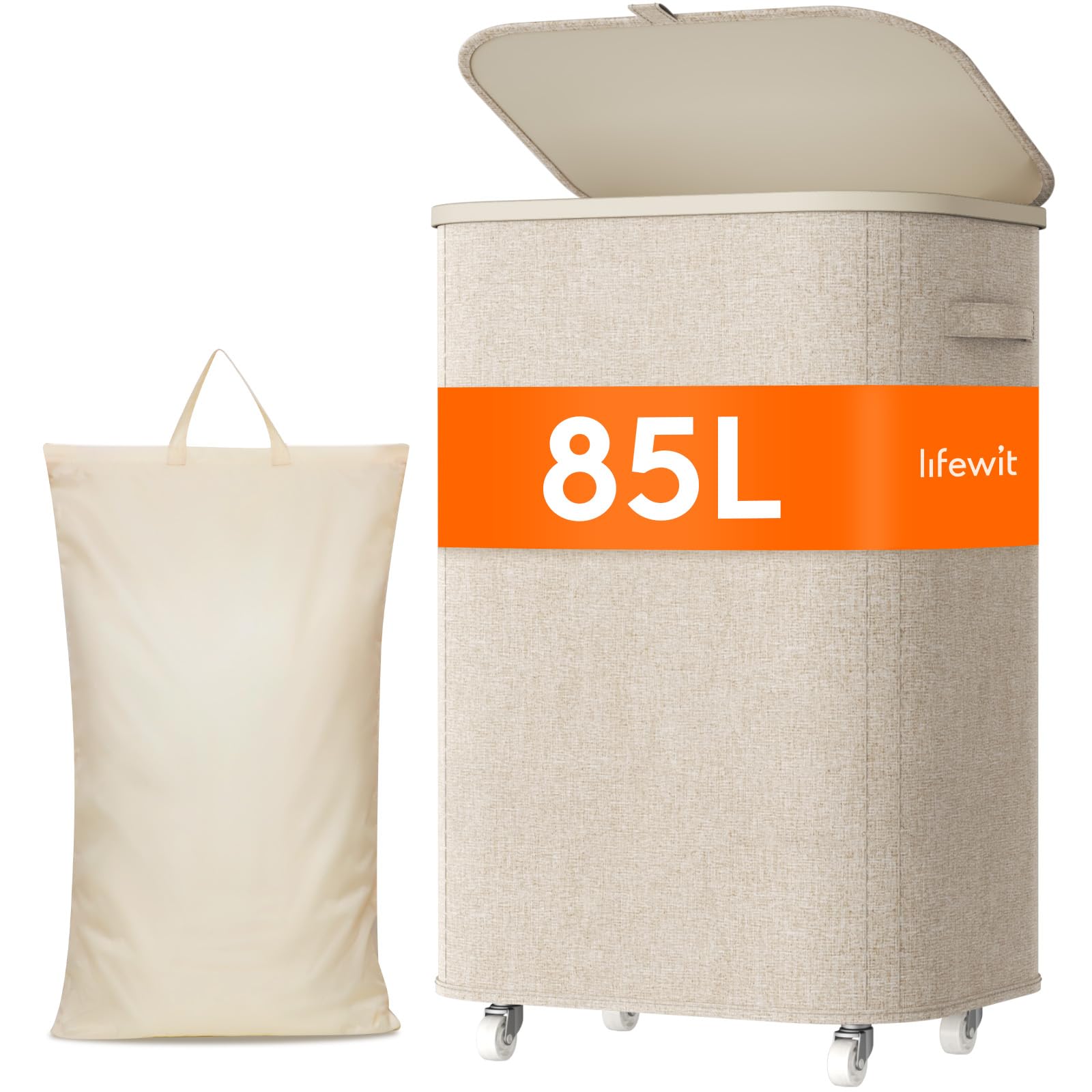Lifewit 85L Wäschebehälter mit Abdeckung auf Rollen, Wäschecontainer mit Plastikrahmen, Beige, 43 * 33 * 65.5cm Küche, Haushalt & Wohnen