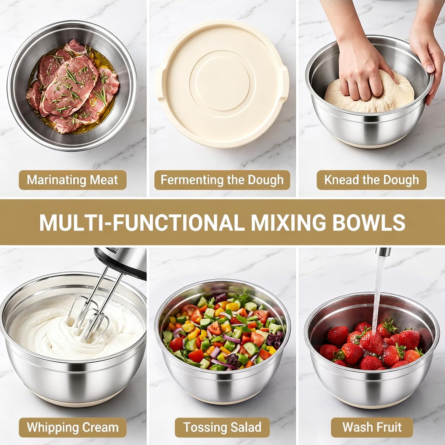 21 PCS Khaki Mixing Bowls with Lids Set, Size 4.5, 4, 3.5, 2.1, 1.5, 1.1 Quarts for Baking and Mixing, Stainless Steel Bowls with Non-Slip Base and Grater Attachments