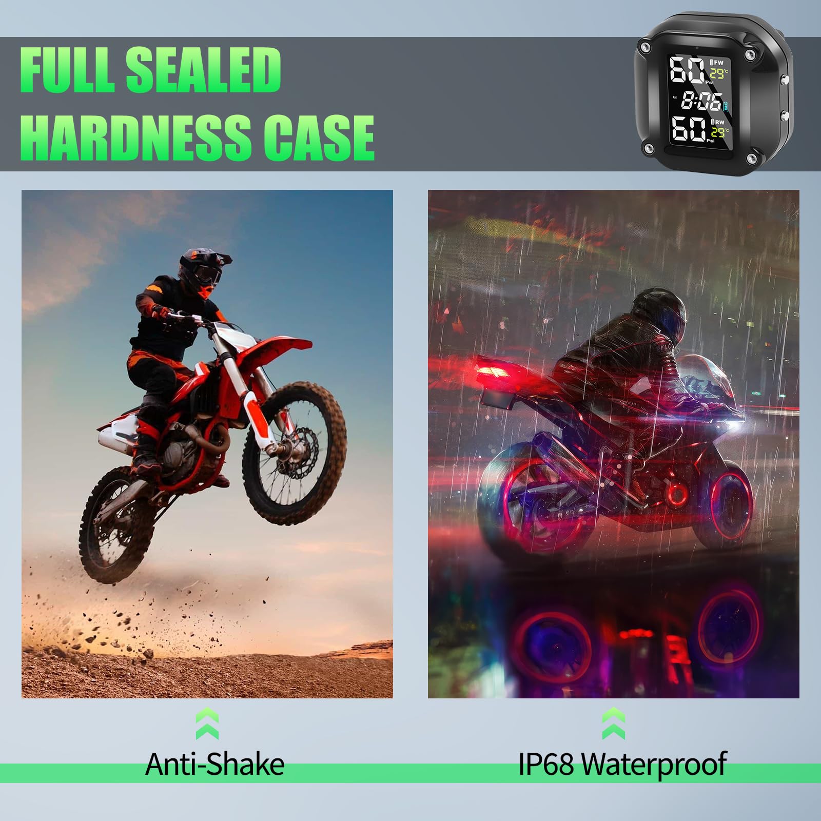 TPMS Système de Surveillance de la Pression des Pneus pour Moto, 5 Modes D'alarme, Recharge USB Magnétique, Conception étanche IP67, avec 2 Capteurs Externes sans Fil