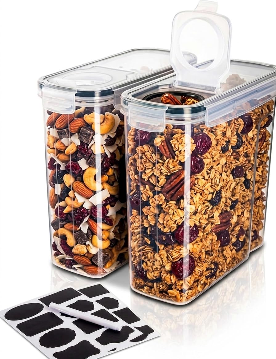 Zak & Co Airtight Cereal Storage Containers Set of 2, Large 4L Clear Plastic Dry Food Dispensers with Easy Pour Flip Top Lids, BPA Free Kitchen Pantry Organiser for Cereal, Rice, & Pasta