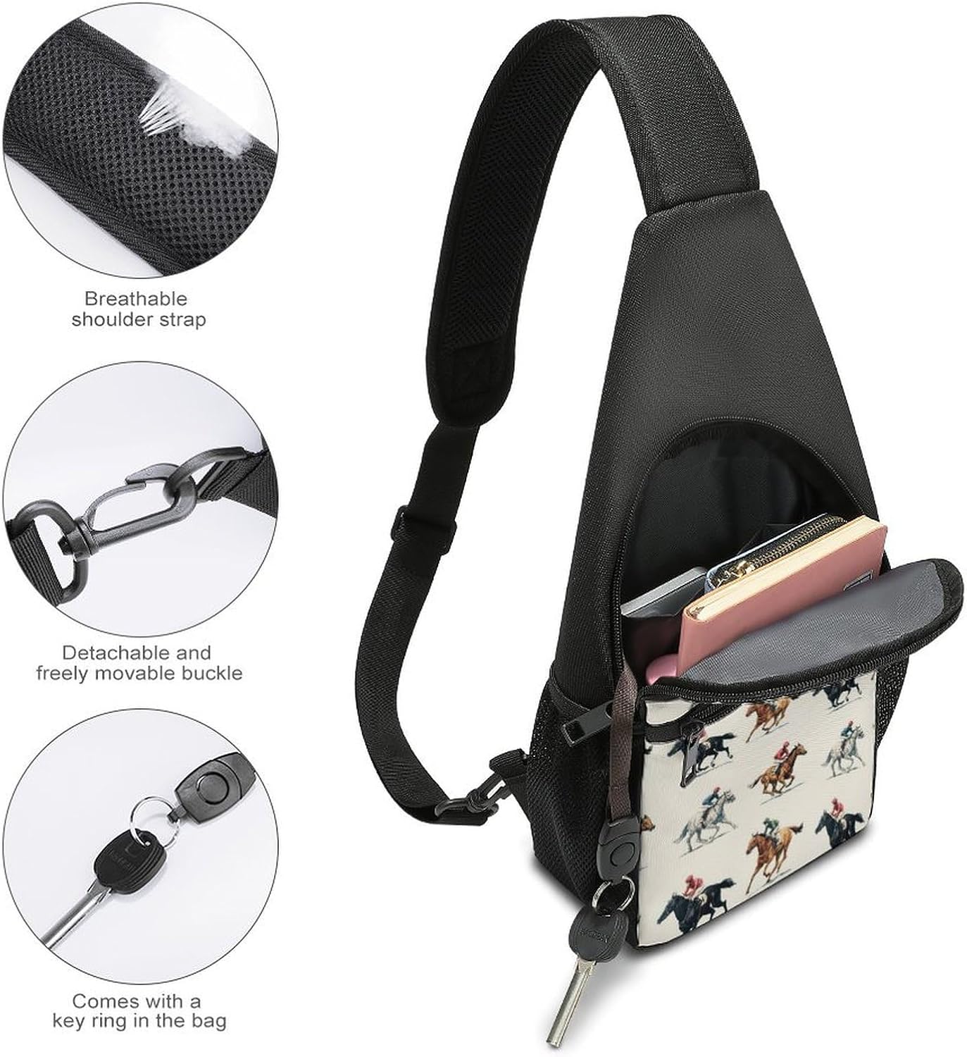 Horse Racing Jockeys Crossbody Sling Backpack Chest Bag Daypack | unisex,trendy,with convertible and detachable shoulder strap,side pockets