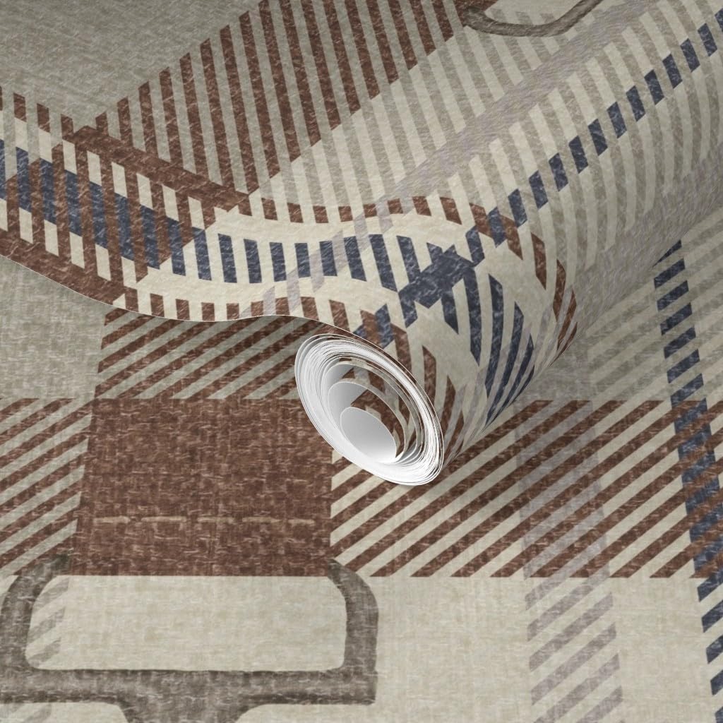 Spoonflower Removable Wallpaper Swatch - Equestrian Autumnal Plaid Heritage Cozy English Rustic Tartan Neutral Farmhouse Tack Room Snaffle Custom Pre-Pasted Wallpaper