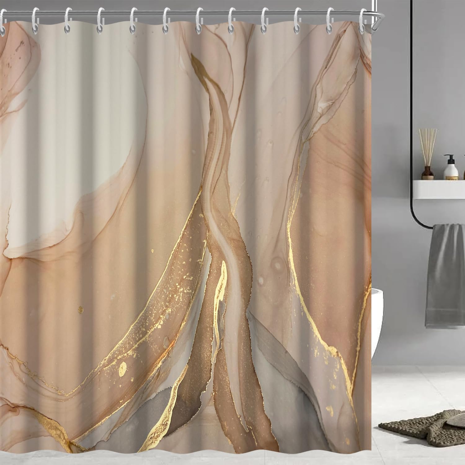 Brown Shower Curtain, Modern Grey and Tan Marble Shower Curtain for Bathroom Aesthetic Ink Texture Waterproof Shower Curtain Set with Hooks, 72x96 Inch
