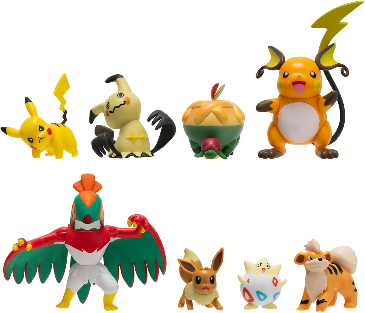 Battle Figure 8 Pack - Features 2-Inch Pikachu, Eevee, Appletun, Growlithe, Mimikyu, Togepi, 3-Inch Raichu & Hawlucha - Authentic Details