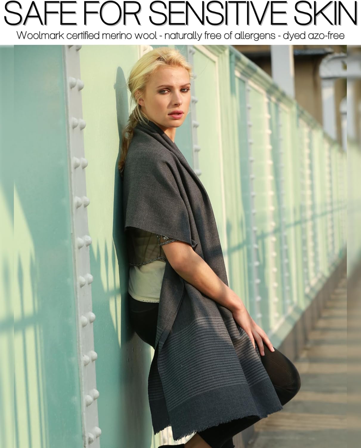 likemary Pashmina Shawls and Wraps for Women - Merino Wool Travel Blanket Scarf - Oversized Striped Shawl - Image 5