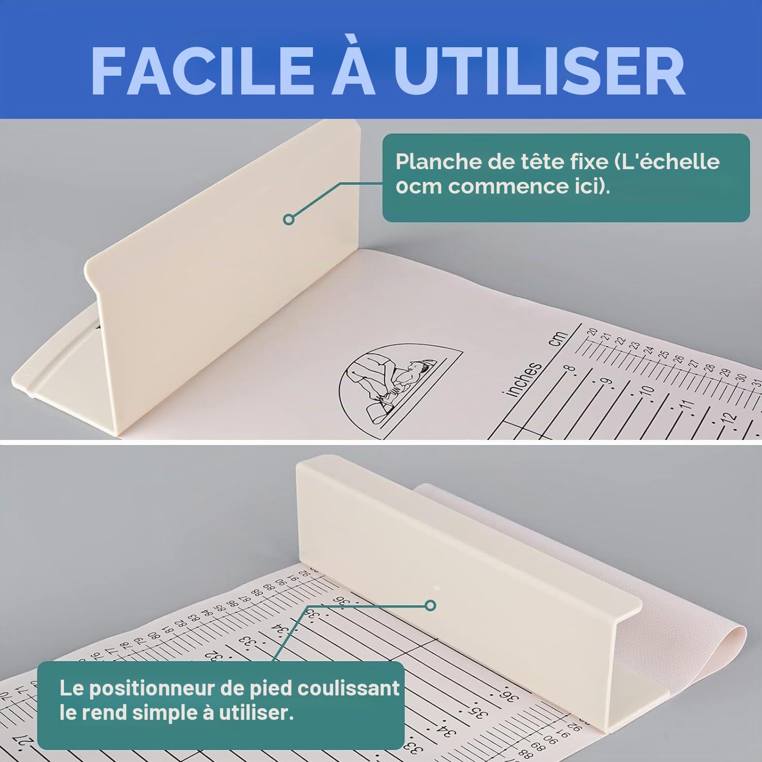 Tapis de mesure pour bébés et tout-petits - Règle de croissance pour bébé - Doux pour la peau - Lavable - Toise d'infantomètre pour nouveau-né - Avec tête fixe et positionneur de pied coulissant