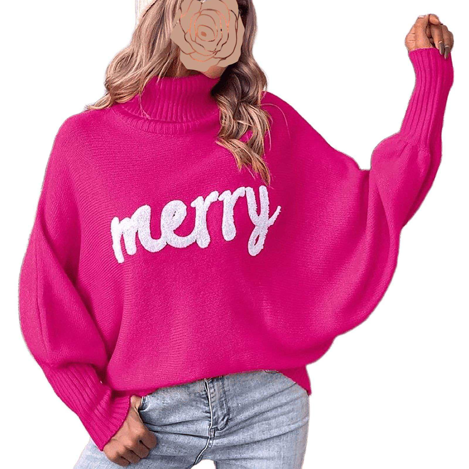 Womens Fall Oversized Turtleneck Christmas Letter Sweater Batwing Sleeve Cable Knit Pullover Plus Size Red Tops