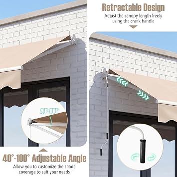 Tangkula 8 Ft 6.6 Ft Retractable Awning, Aluminum Patio Sun Shade w/Crank Handle and Water-Resistant Polyester, Outdoor Patio Manual Awning Cover, Beige