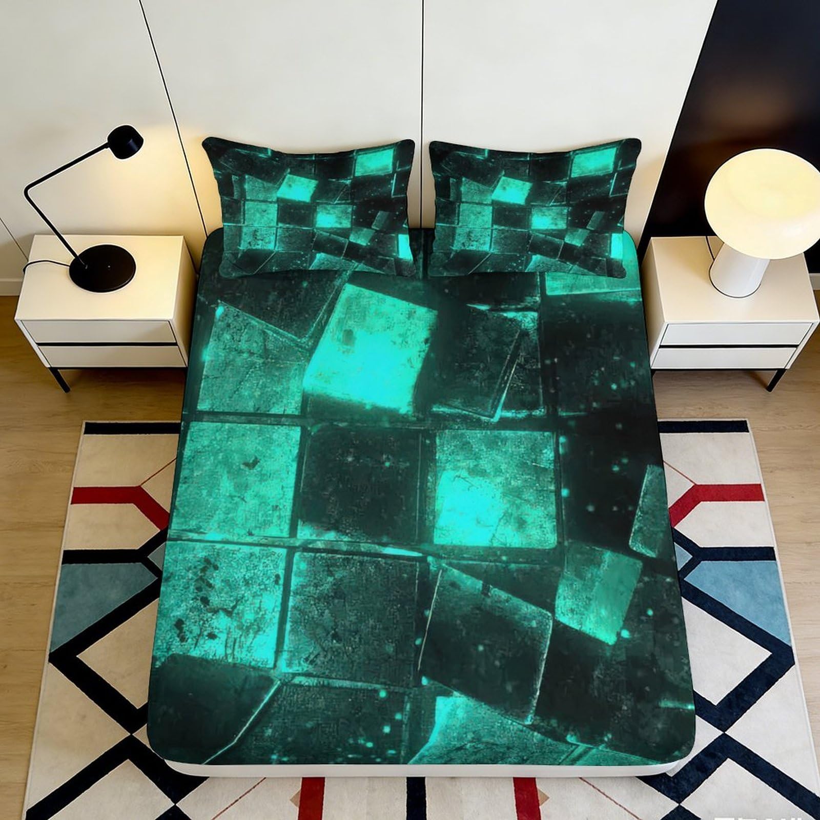 3D Printed Emerald Geometric Fitted Sheet Microfiber Soft Slip-Resistant Abstract Pattern Mattress Cover Bedroom Decor 90x200x25cm