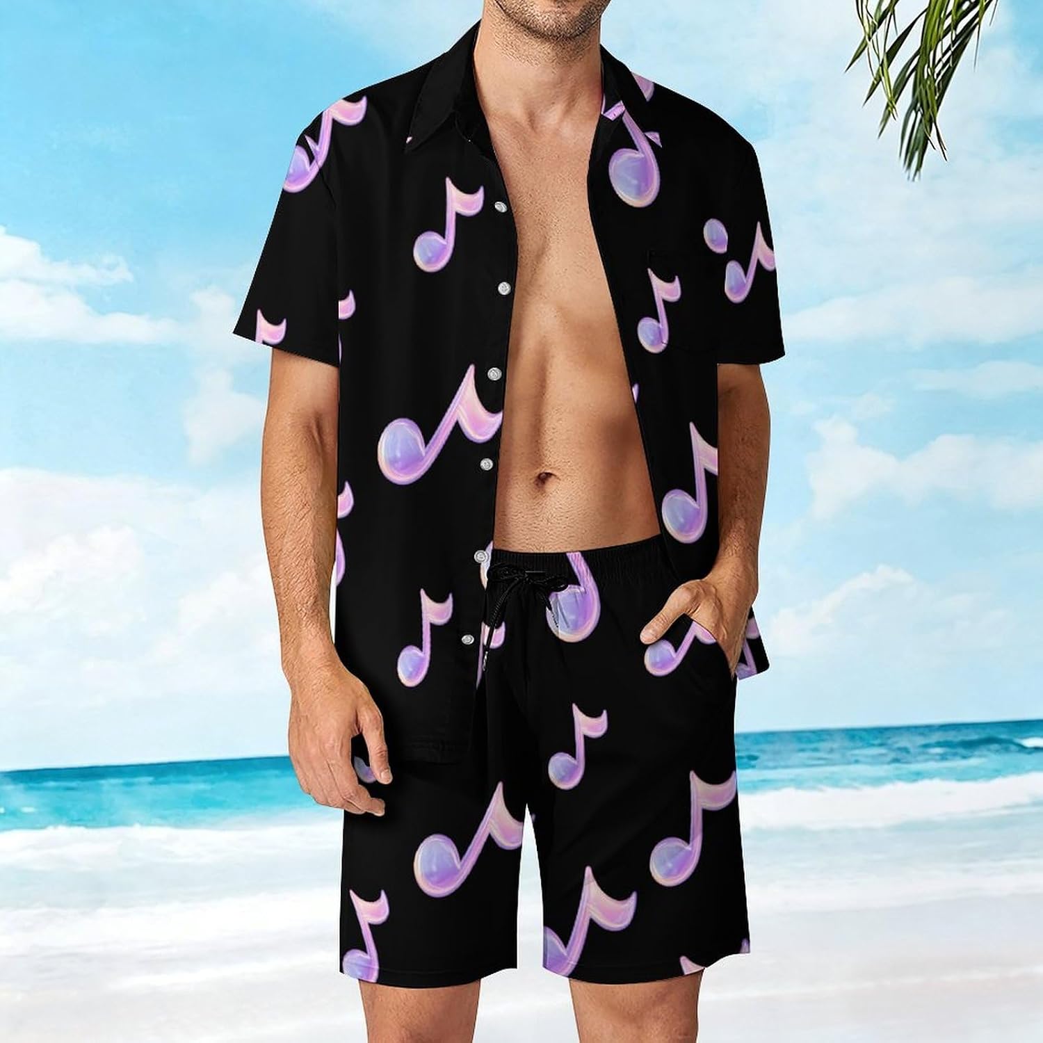 Shiny Iridescent Music Note Summer Mens Vacation Outfits Beach Shirts Shorts Matching Set